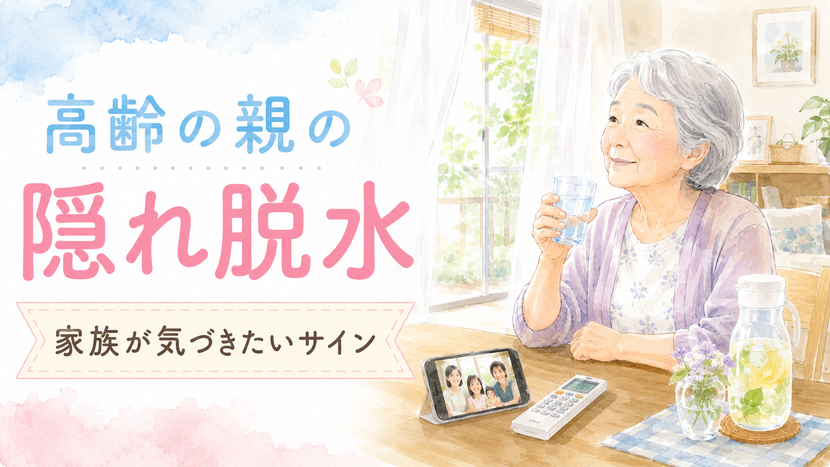 高齢の親の隠れ脱水に家族が気づくための、水分補給と見守りを表したアイキャッチ画像