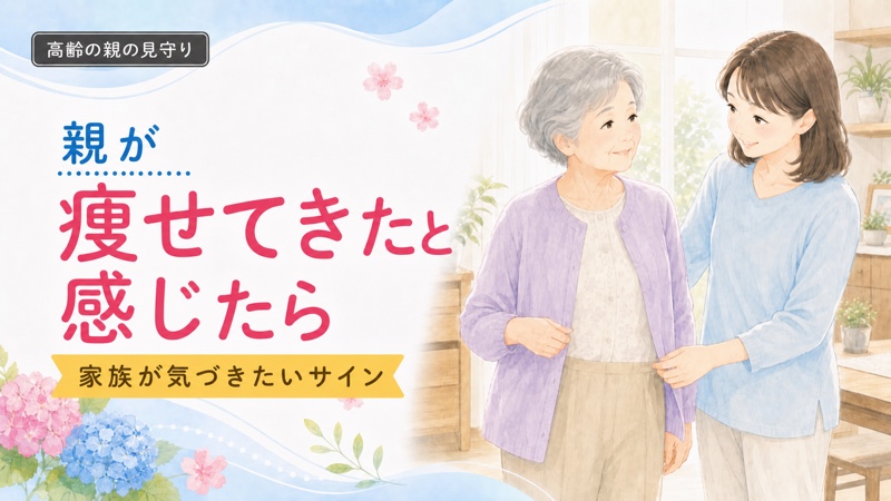 高齢の親が痩せてきたと感じた時に、家族がやさしく見守るイメージ