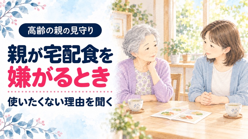 宅配食を嫌がる高齢の母と、その理由を落ち着いて聞く娘の水彩イラスト
