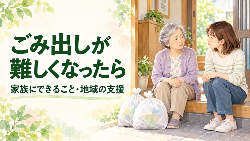 ごみ出しに困っている高齢の母と、玄関で話を聞く娘の水彩イラスト